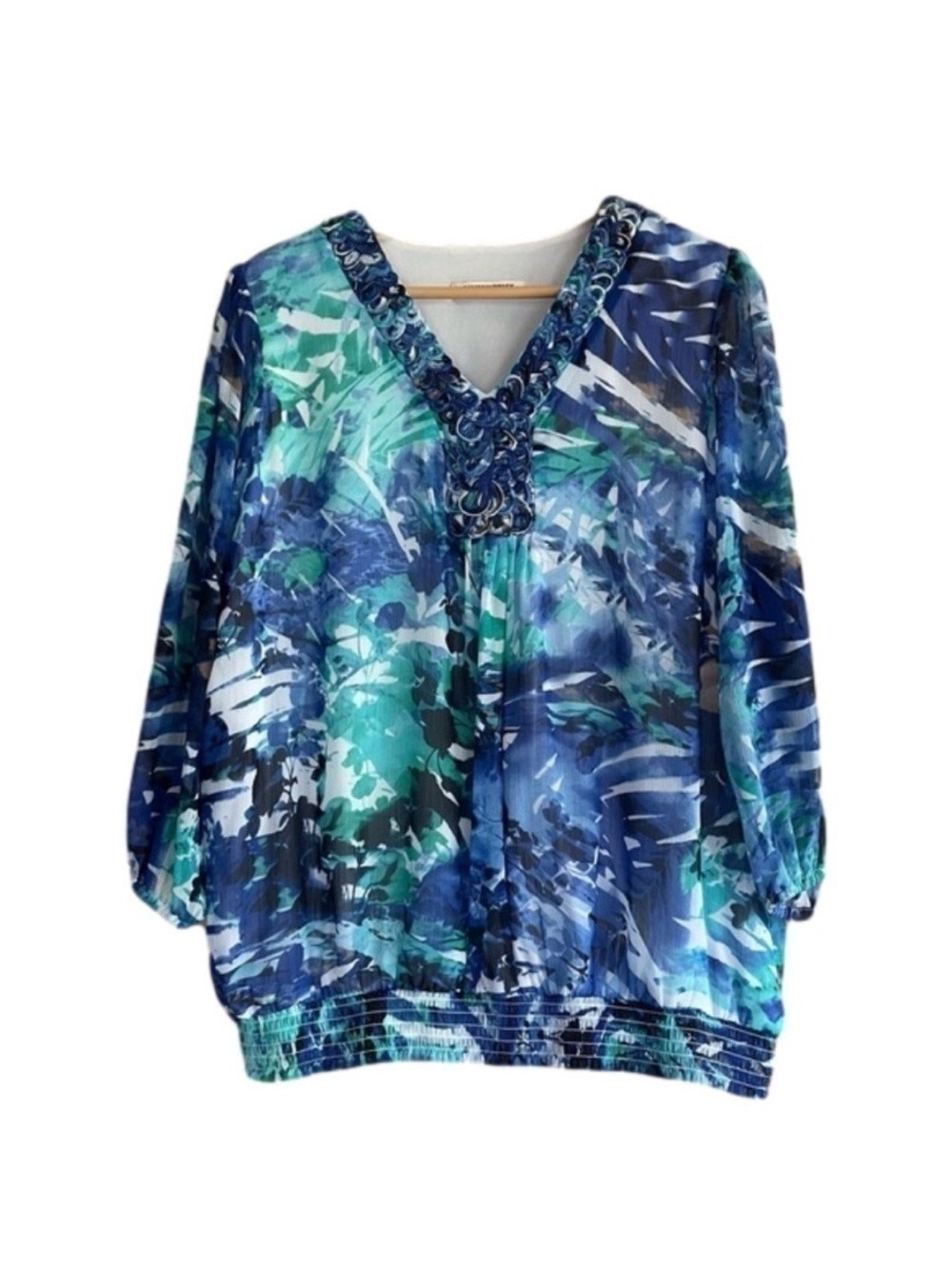 Allison Daley Petite tropical floral print semi-sheer blouse 1X